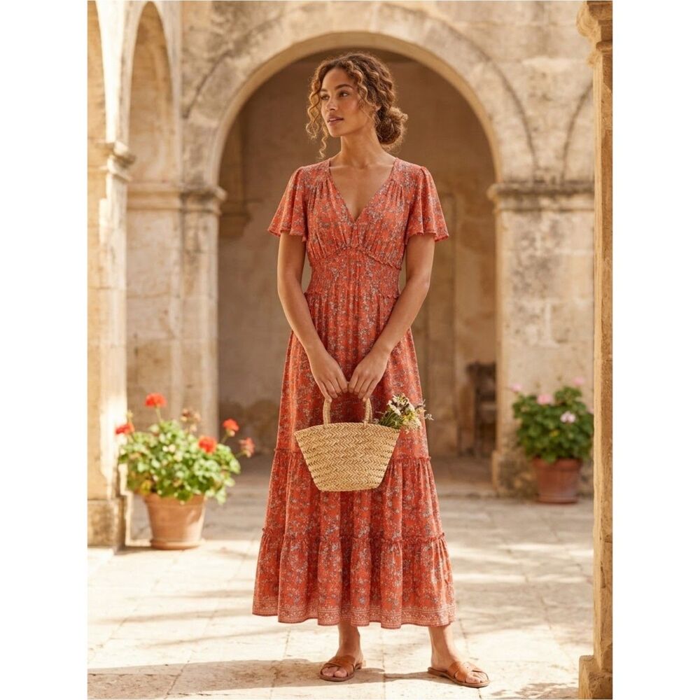 Max Studio Tiered Maxi Dress Orange Floral Smocked Waist Sz. XL